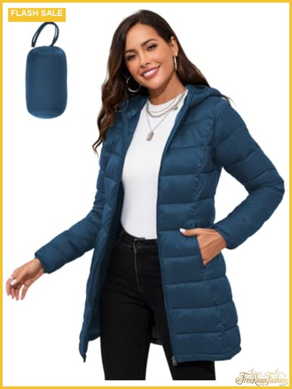 Packable Hooded Puffer Jacket Mid-Length Quilted Winter Coat Travel